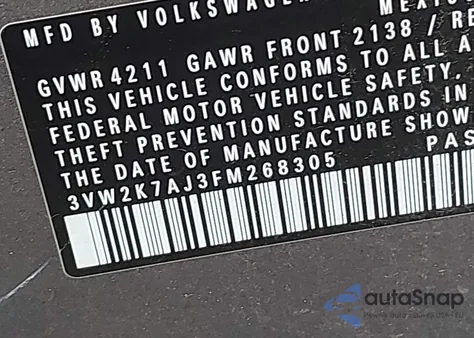 2015 Volkswagen Jetta 2.0L S z USA, uszkodzony, nr VIN 3VW2K7AJ3FM268305